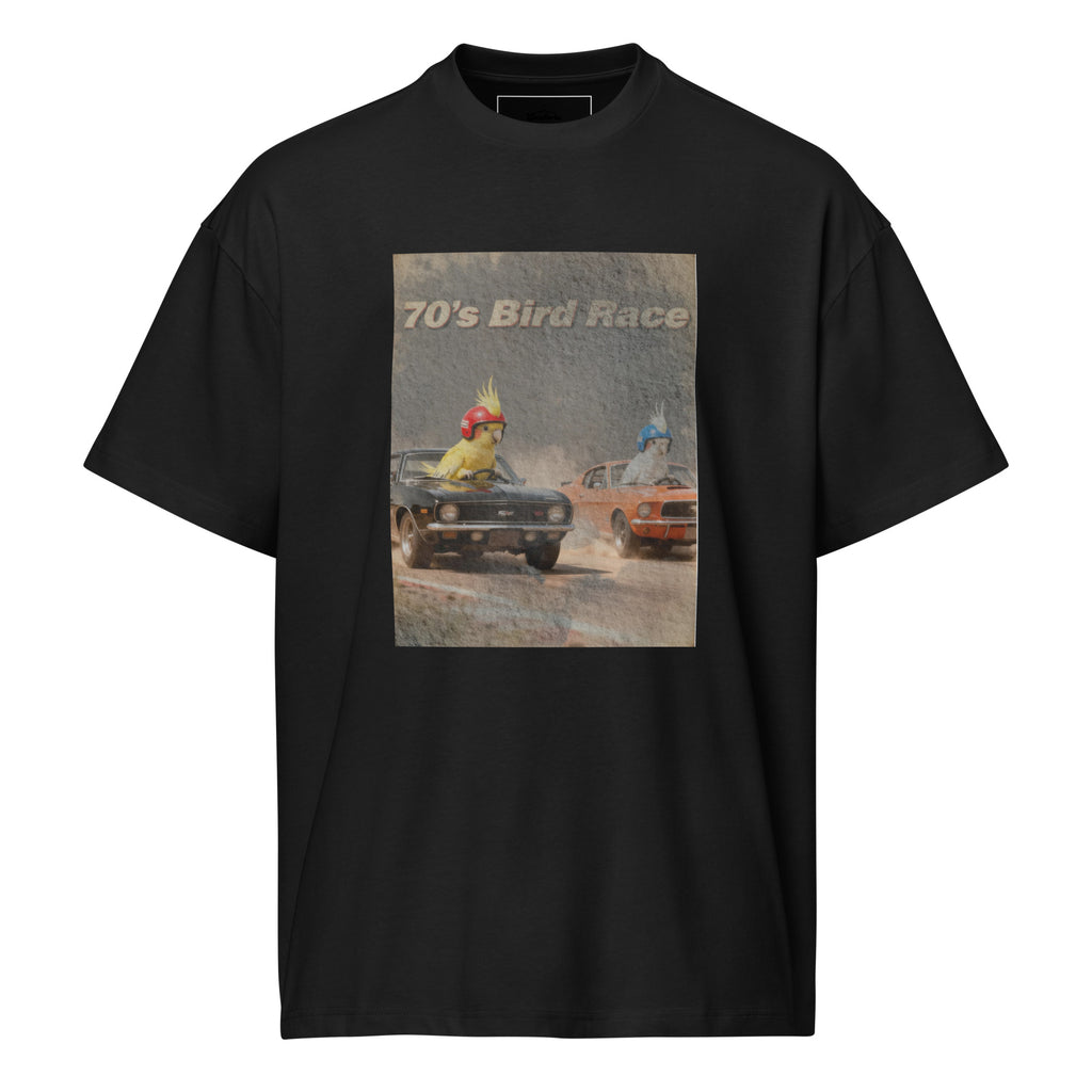 "70's Bird Race" Oversized Box Tee – Retro Muscle Car & Cockatiel Graphic Shirt – Heavyweight Streetwear – White, Black, Grey