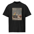 "70's Bird Race" Oversized Box Tee – Retro Muscle Car & Cockatiel Graphic Shirt – Heavyweight Streetwear – White, Black, Grey