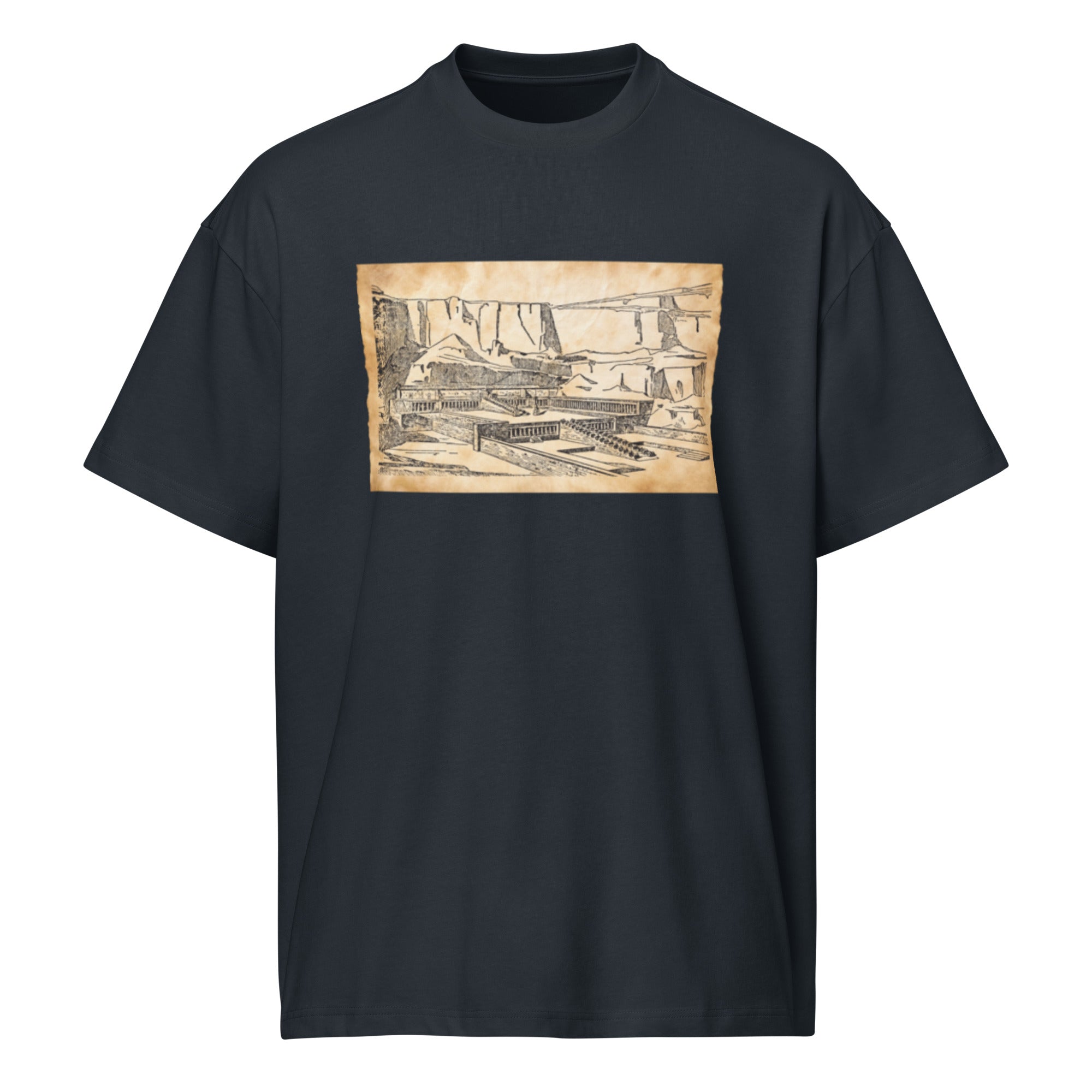 "The Pharaoh’s Ascent" Boxy Tee – Vintage Hatshepsut Temple Sketch & Ancient History Graphic Shirt