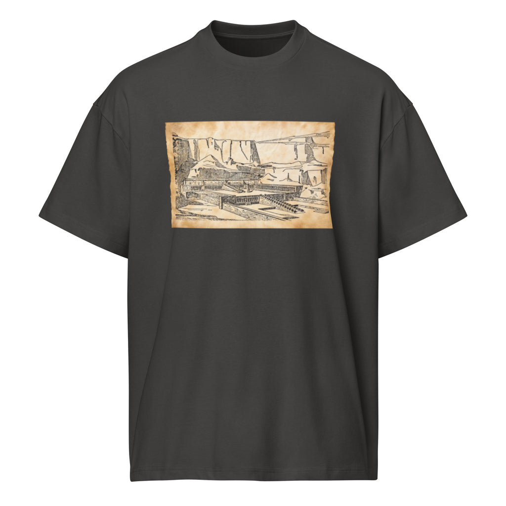 "The Pharaoh’s Ascent" Boxy Tee – Vintage Hatshepsut Temple Sketch & Ancient History Graphic Shirt