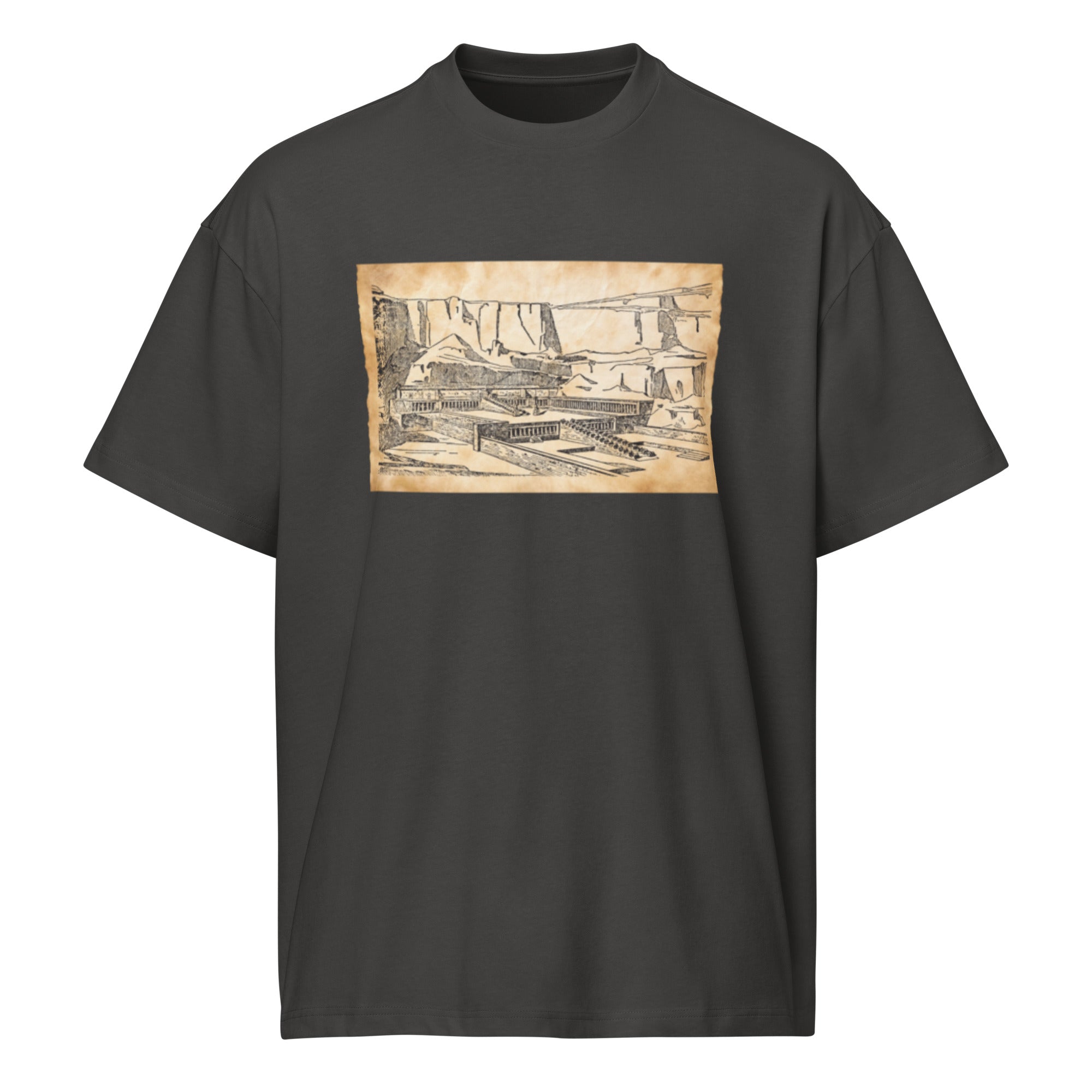 "The Pharaoh’s Ascent" Boxy Tee – Vintage Hatshepsut Temple Sketch & Ancient History Graphic Shirt