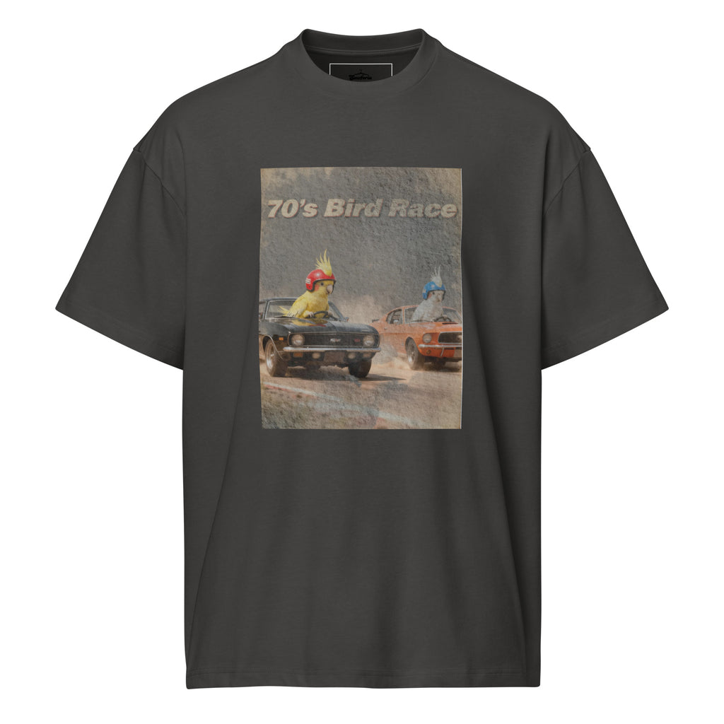"70's Bird Race" Oversized Box Tee – Retro Muscle Car & Cockatiel Graphic Shirt – Heavyweight Streetwear – White, Black, Grey