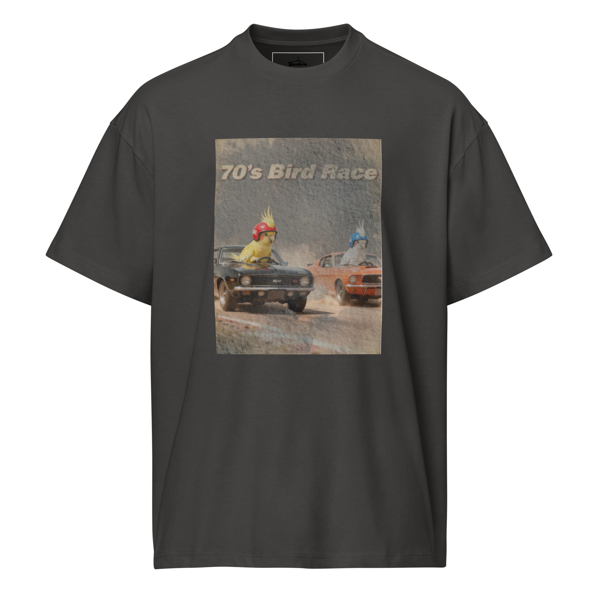 "70's Bird Race" Oversized Box Tee – Retro Muscle Car & Cockatiel Graphic Shirt – Heavyweight Streetwear – White, Black, Grey