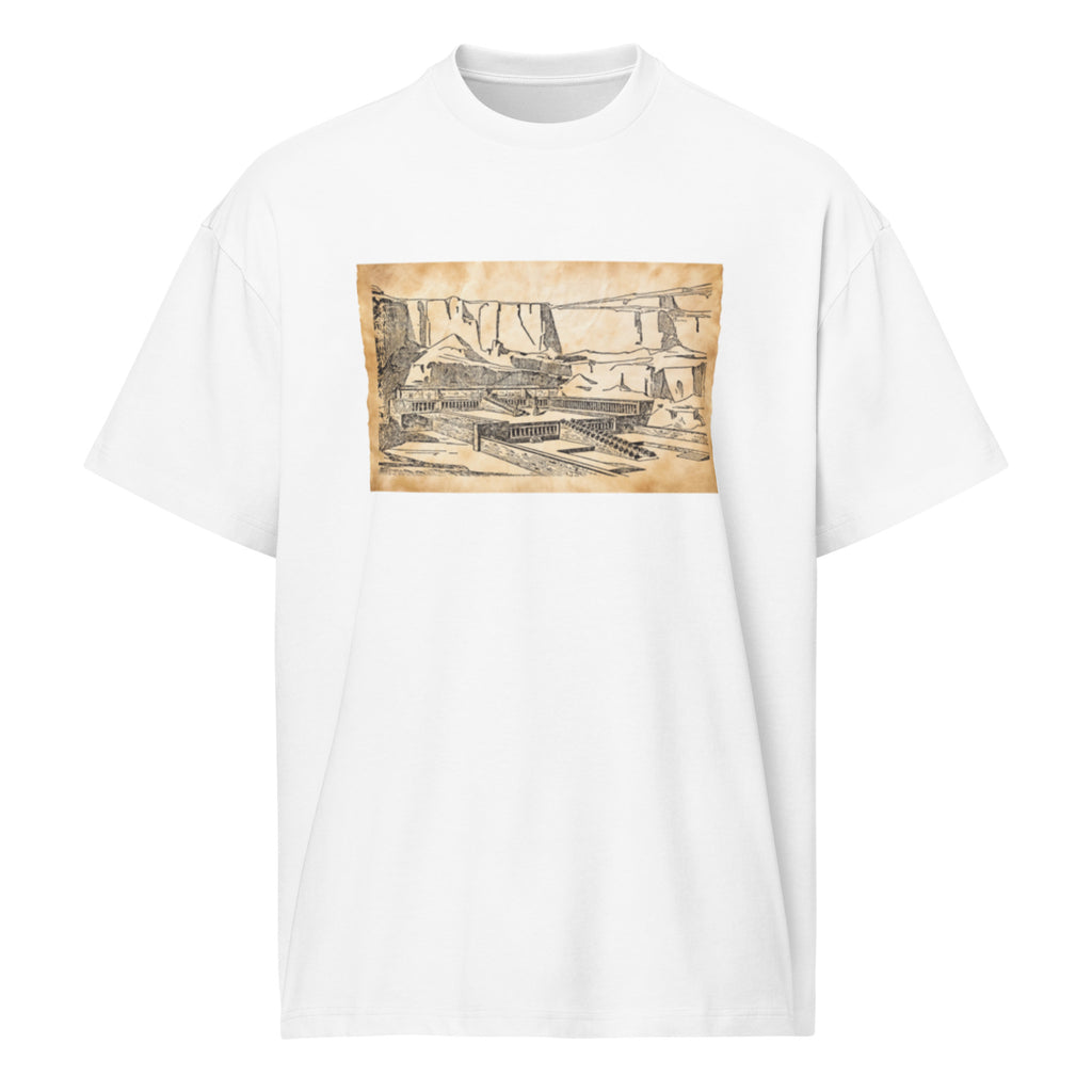 "The Pharaoh’s Ascent" Boxy Tee – Vintage Hatshepsut Temple Sketch & Ancient History Graphic Shirt