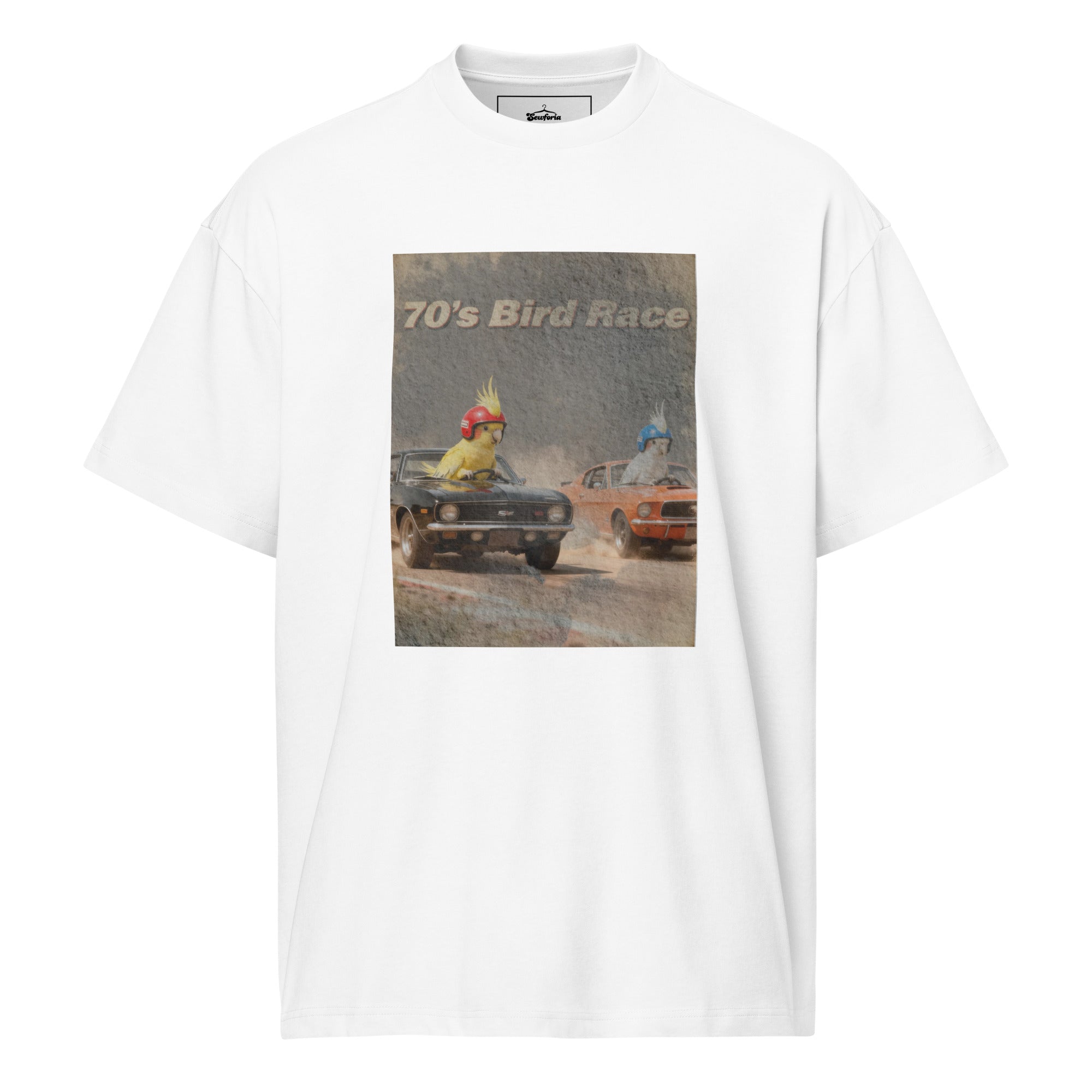 "70's Bird Race" Oversized Box Tee – Retro Muscle Car & Cockatiel Graphic Shirt – Heavyweight Streetwear – White, Black, Grey