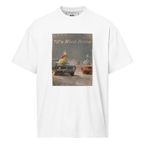 "70's Bird Race" Oversized Box Tee – Retro Muscle Car & Cockatiel Graphic Shirt – Heavyweight Streetwear – White, Black, Grey