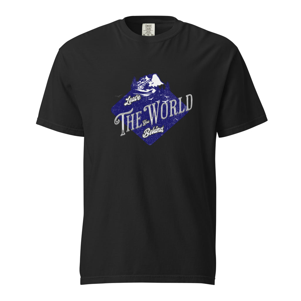 Comfort Colors® Leave The World Behind Mountain T-Shirt – Retro Adventure Graphic Tee – Heavyweight Garment-Dyed Outdoor Shirt – White, Black, Navy Blue