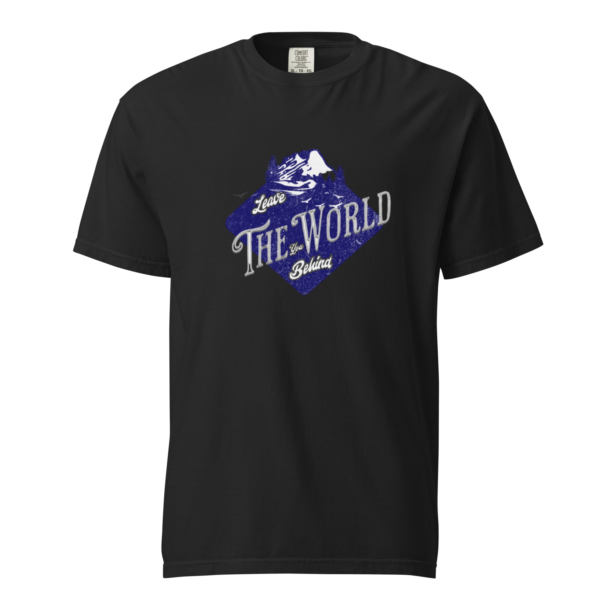 Comfort Colors® Leave The World Behind Mountain T-Shirt – Retro Adventure Graphic Tee – Heavyweight Garment-Dyed Outdoor Shirt – White, Black, Navy Blue