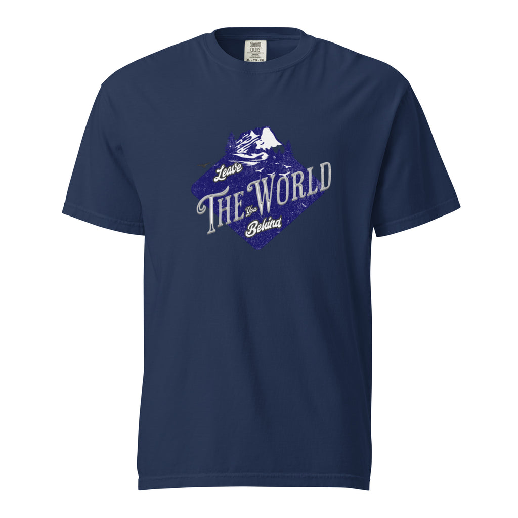 Comfort Colors® Leave The World Behind Mountain T-Shirt – Retro Adventure Graphic Tee – Heavyweight Garment-Dyed Outdoor Shirt – White, Black, Navy Blue