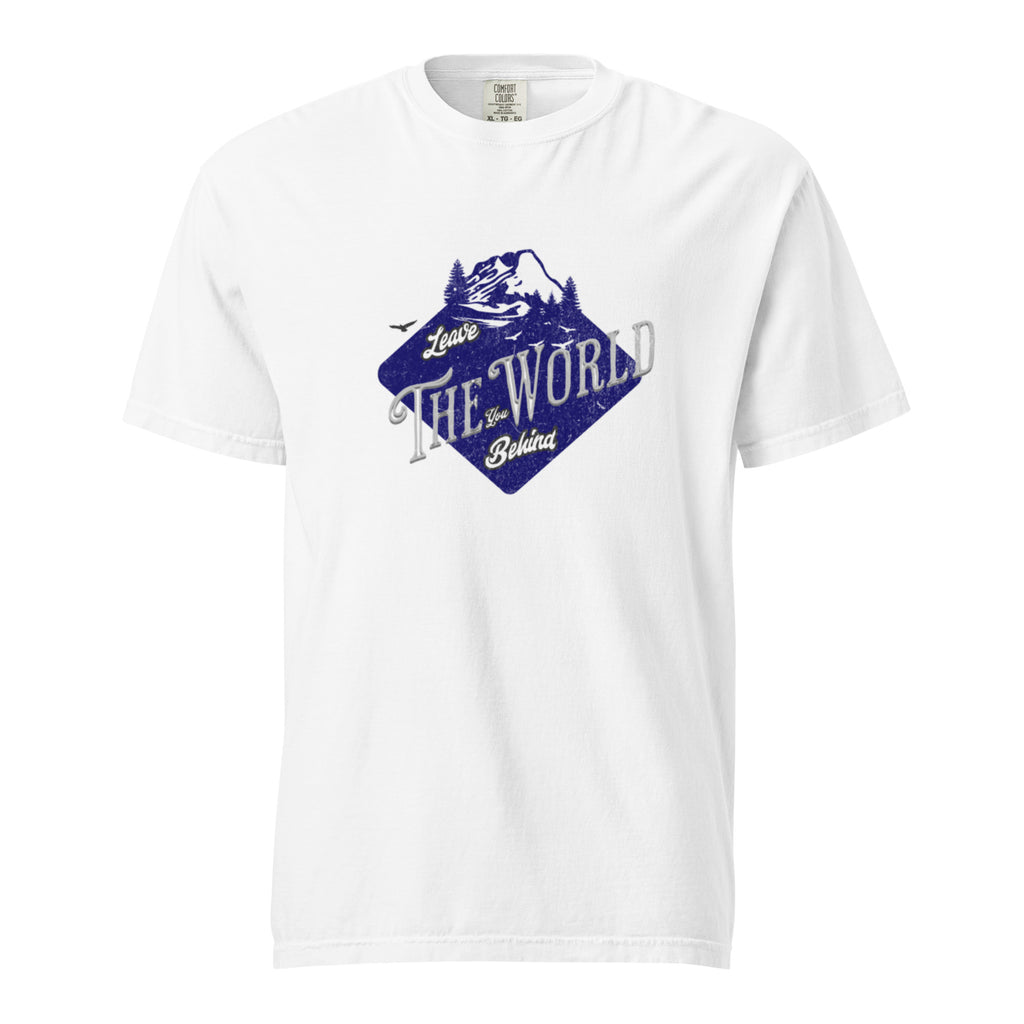 Comfort Colors® Leave The World Behind Mountain T-Shirt – Retro Adventure Graphic Tee – Heavyweight Garment-Dyed Outdoor Shirt – White, Black, Navy Blue