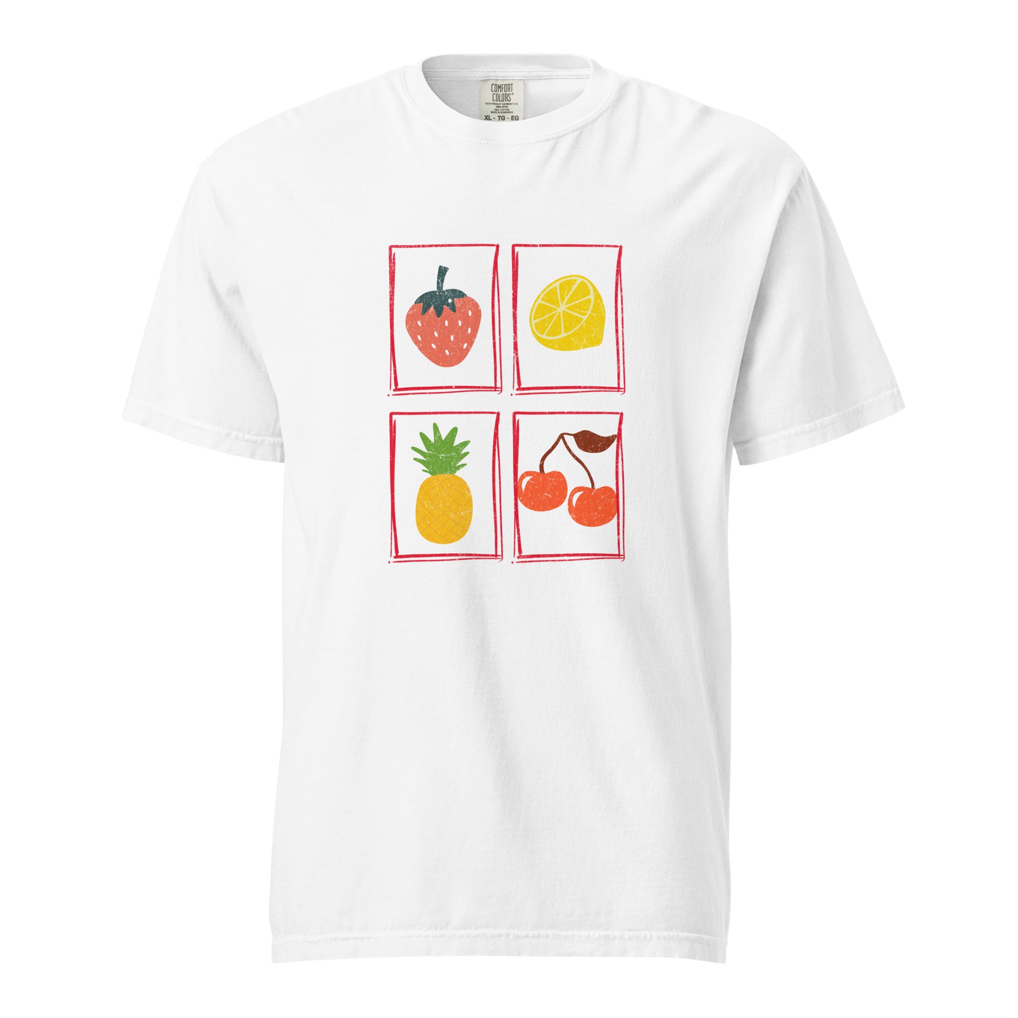 Vintage Fruit Grid T-Shirt – Retro Strawberry, Lemon, Pineapple, & Cherry Heavyweight Graphic Tee – White