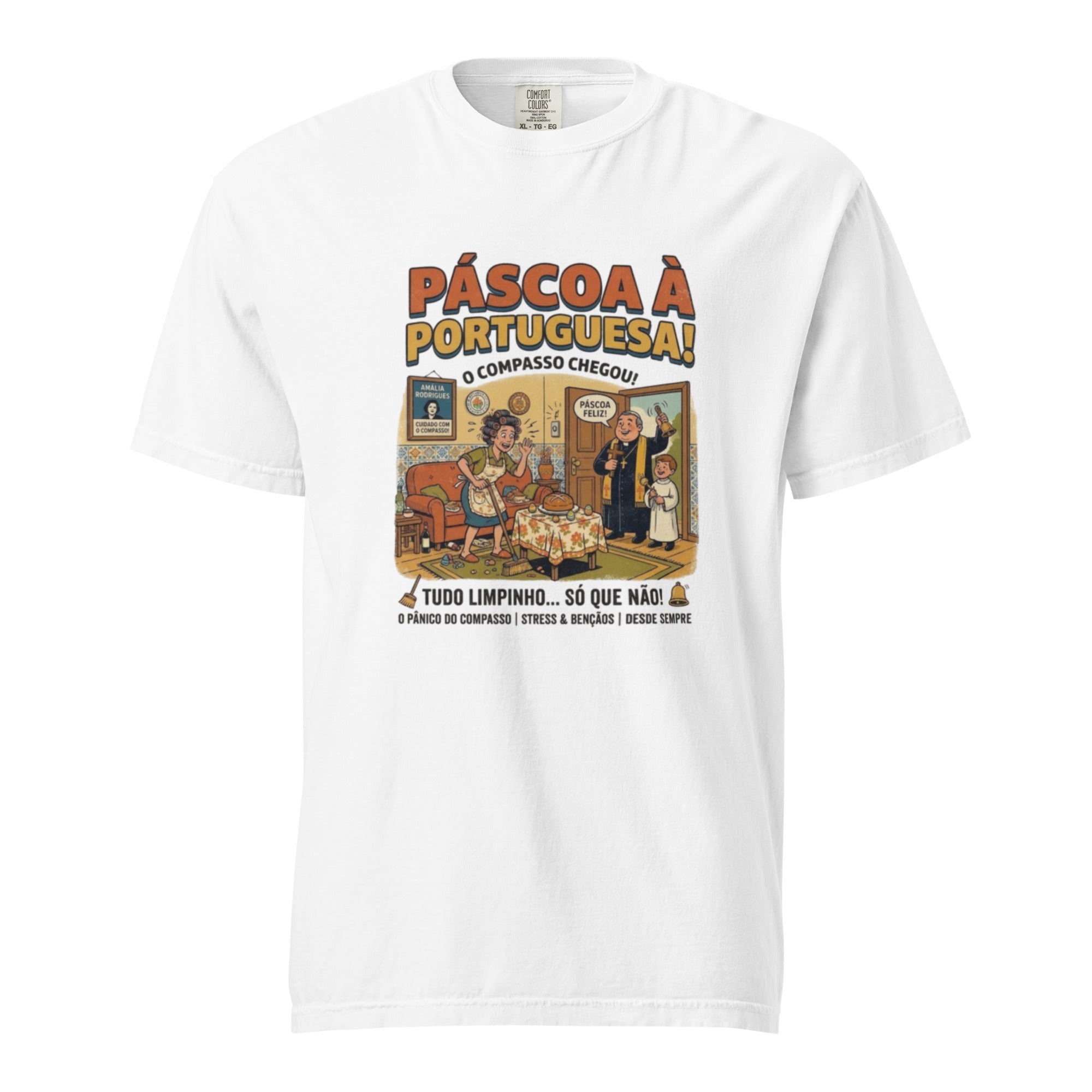 "Páscoa à Portuguesa" T-Shirt – Funny Compasso Pascal Graphic Tee – Retro Portuguese Easter Mid-weight Shirt – White