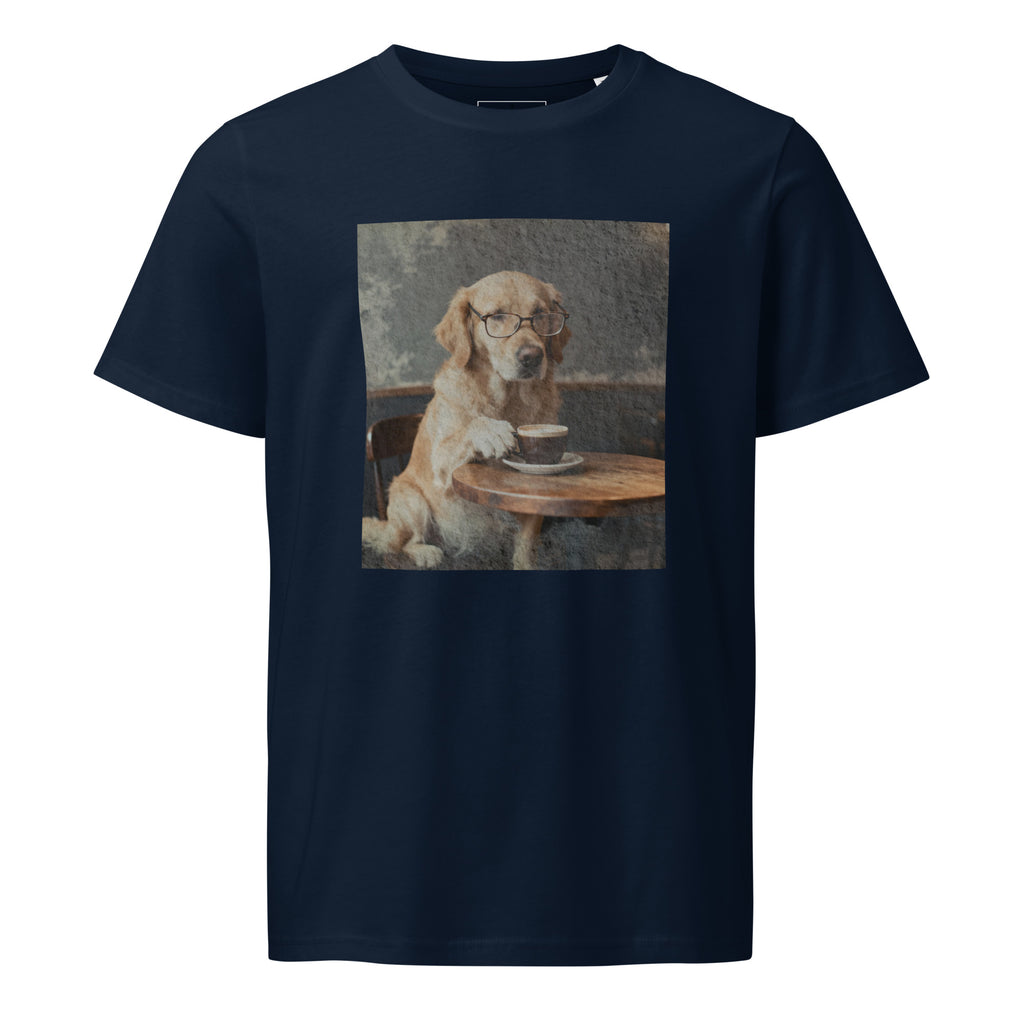 Intellectual Golden Retriever Cafe T-Shirt – Cotton Coffee Lover Tee – Distressed Retro Dog Aesthetic – Unisex
