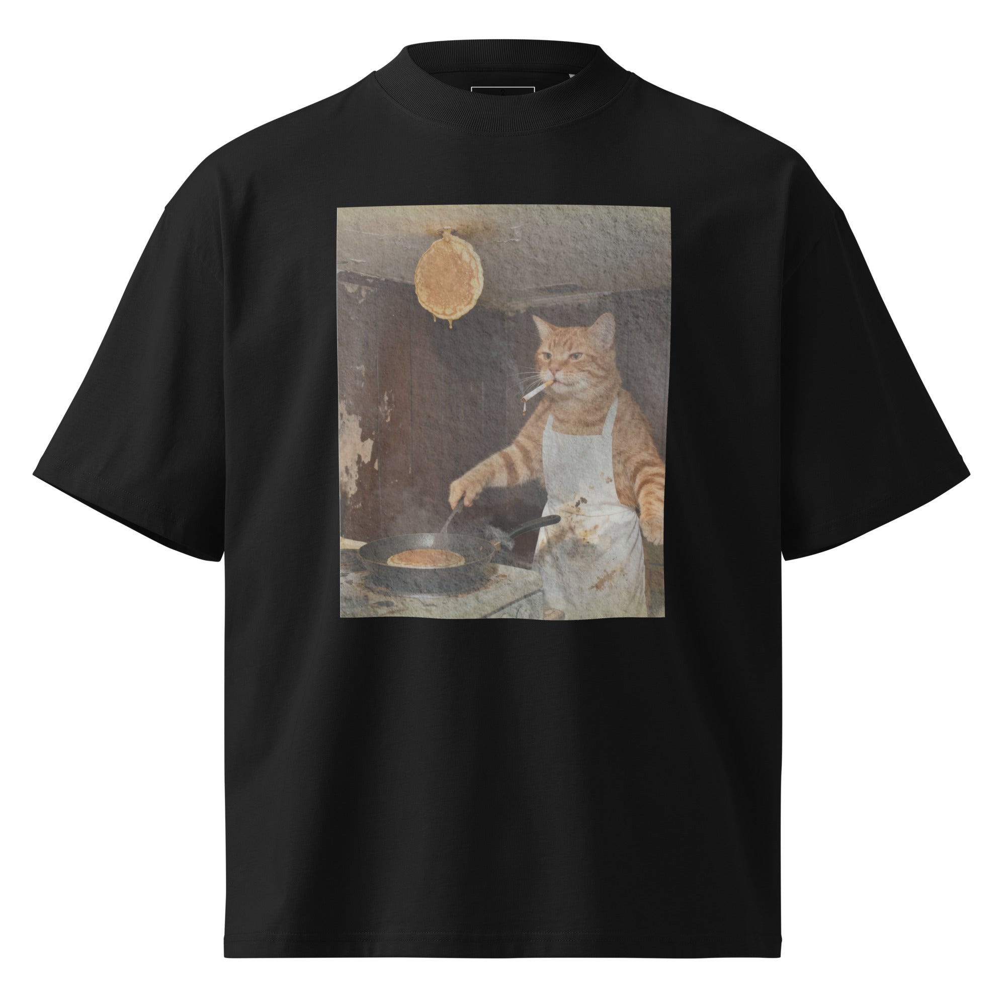 Oversized High-Neck "Chef Cat" Graphic Tee – Surreal Pancake Meme Shirt – 100% Organic Cotton Streetwear – Black, Beige, Grey