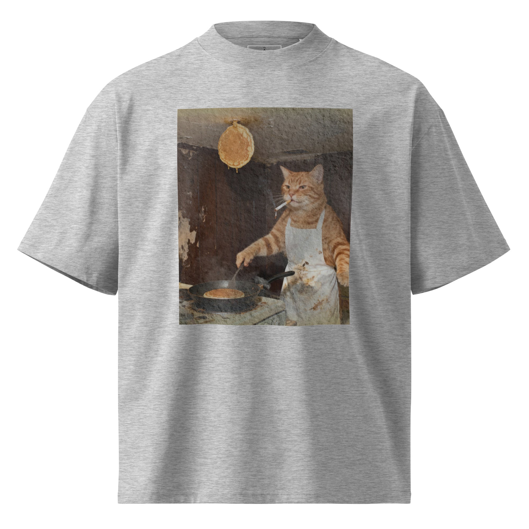 Oversized High-Neck "Chef Cat" Graphic Tee – Surreal Pancake Meme Shirt – 100% Organic Cotton Streetwear – Black, Beige, Grey