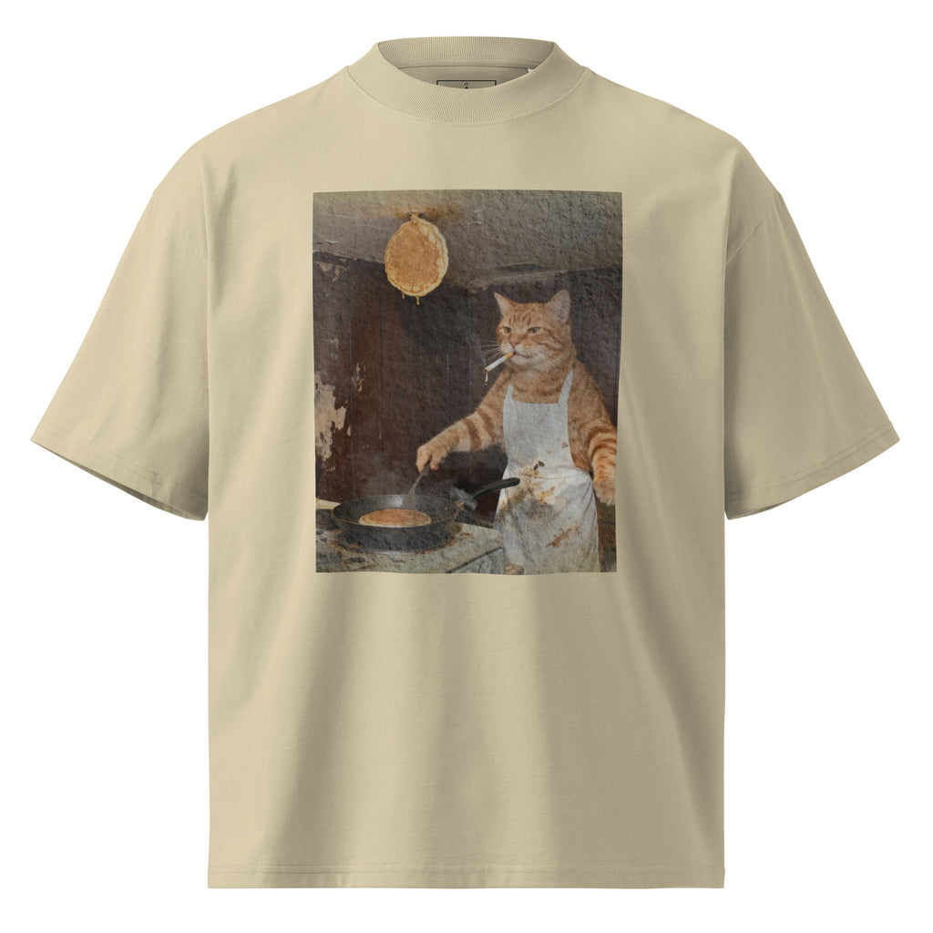 Oversized High-Neck "Chef Cat" Graphic Tee – Surreal Pancake Meme Shirt – 100% Organic Cotton Streetwear – Black, Beige, Grey