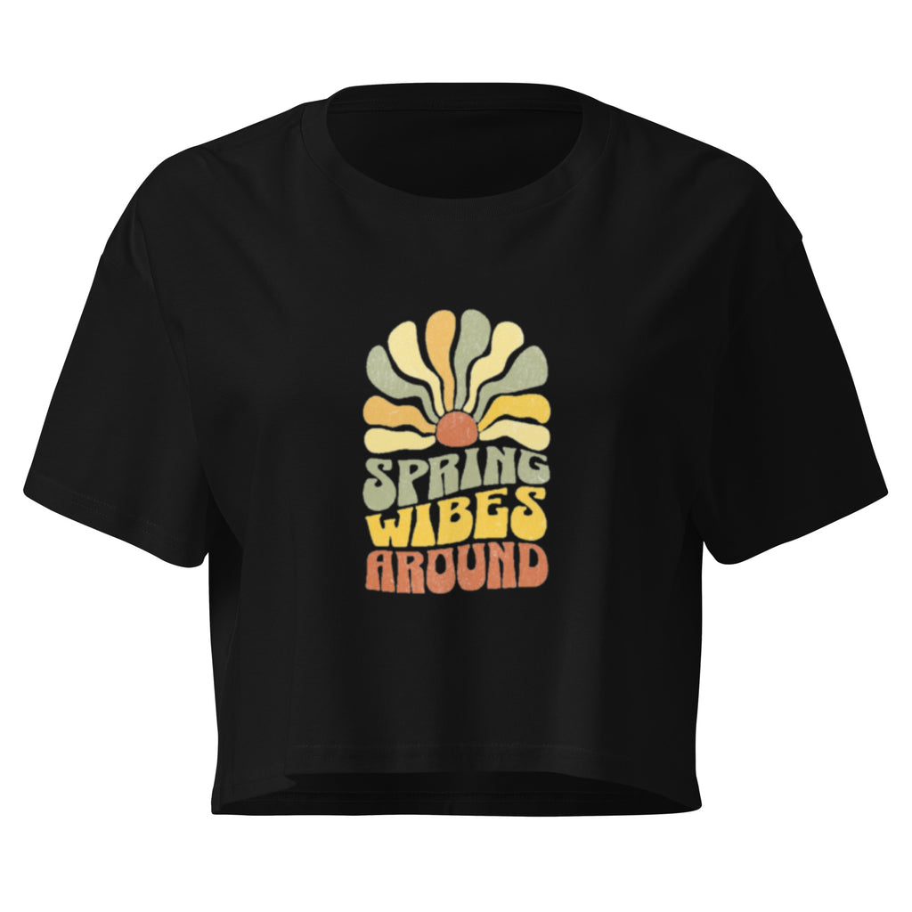 "Spring Wibes Around" Retro 70s Women's Crop Top – Vintage Sunburst Graphic Tee – Black Boho Festival Style – Summer 2026
