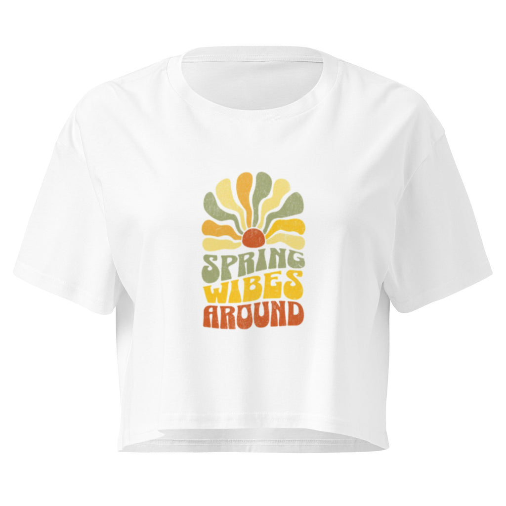 "Spring Wibes Around" Retro 70s Women's Crop Top – Vintage Sunburst Graphic Tee – Black Boho Festival Style – Summer 2026