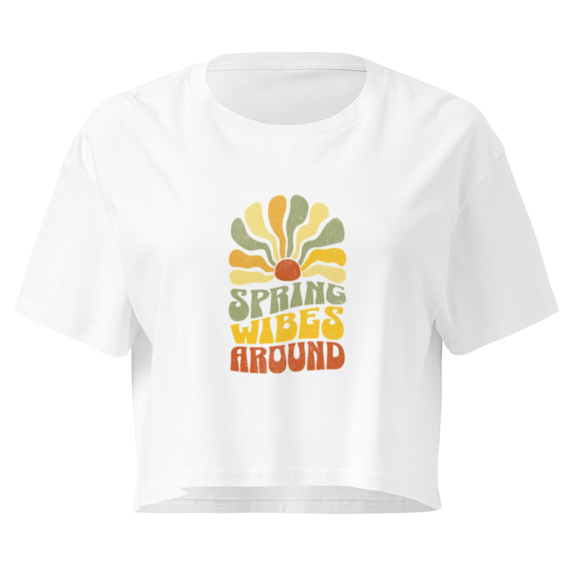"Spring Wibes Around" Retro 70s Women's Crop Top – Vintage Sunburst Graphic Tee – Black Boho Festival Style – Summer 2026